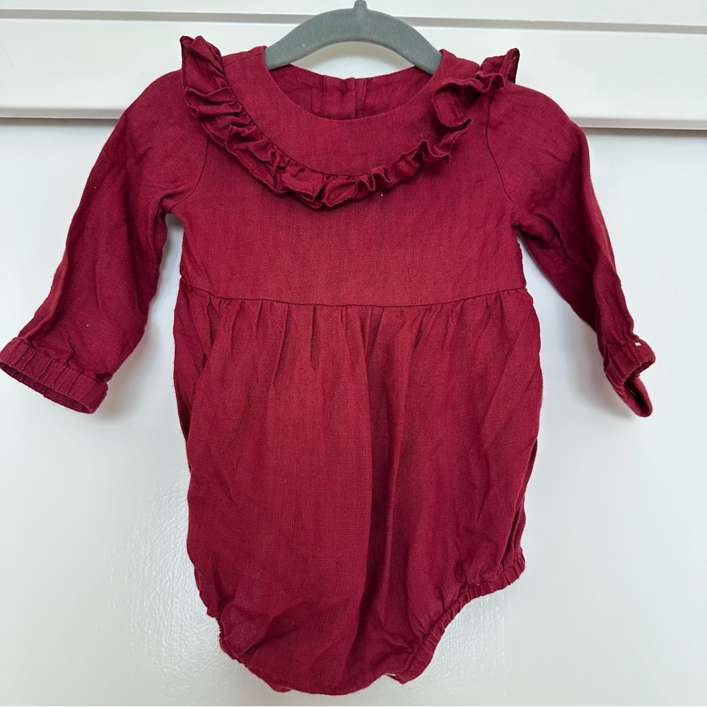 Ruffled Burgundy Linen Baby Romper